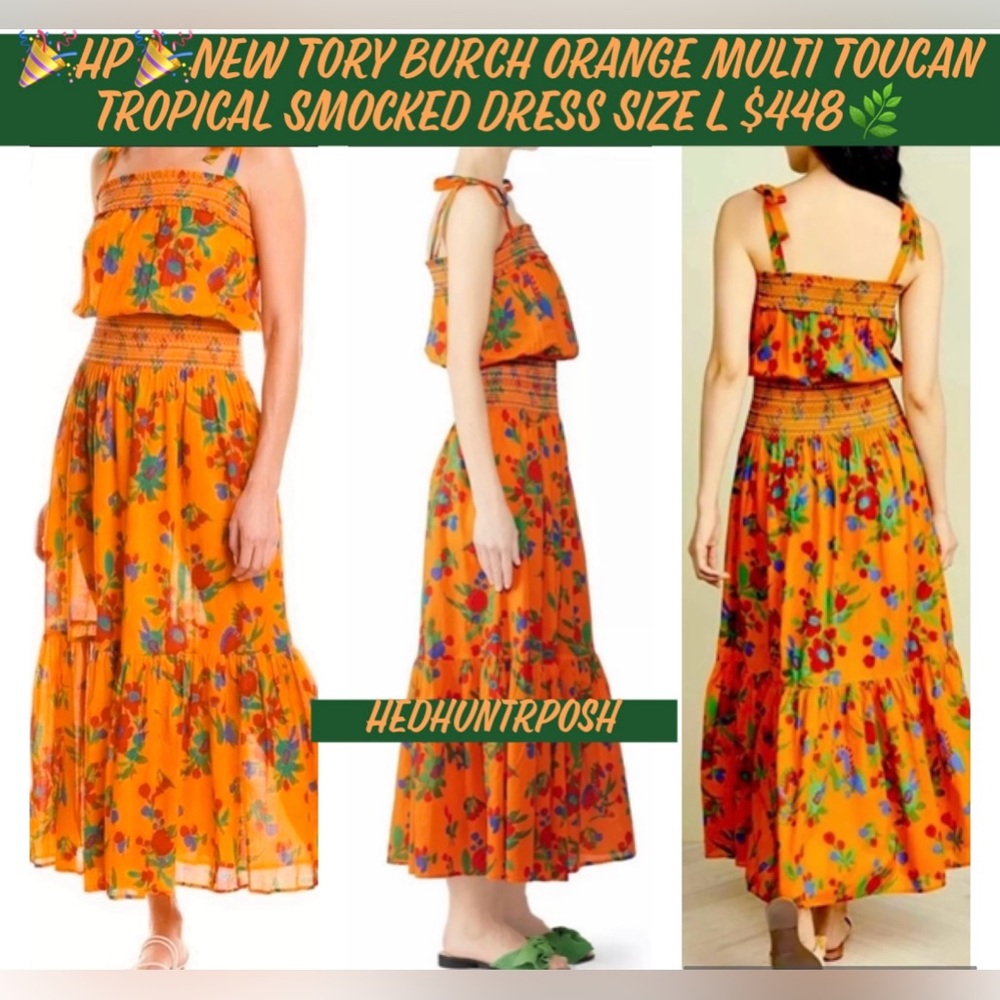 🎉HP🎉New! Tory Burch Orange Multi Toucan Tropical Smocked Dress Size L $448🌿🧡